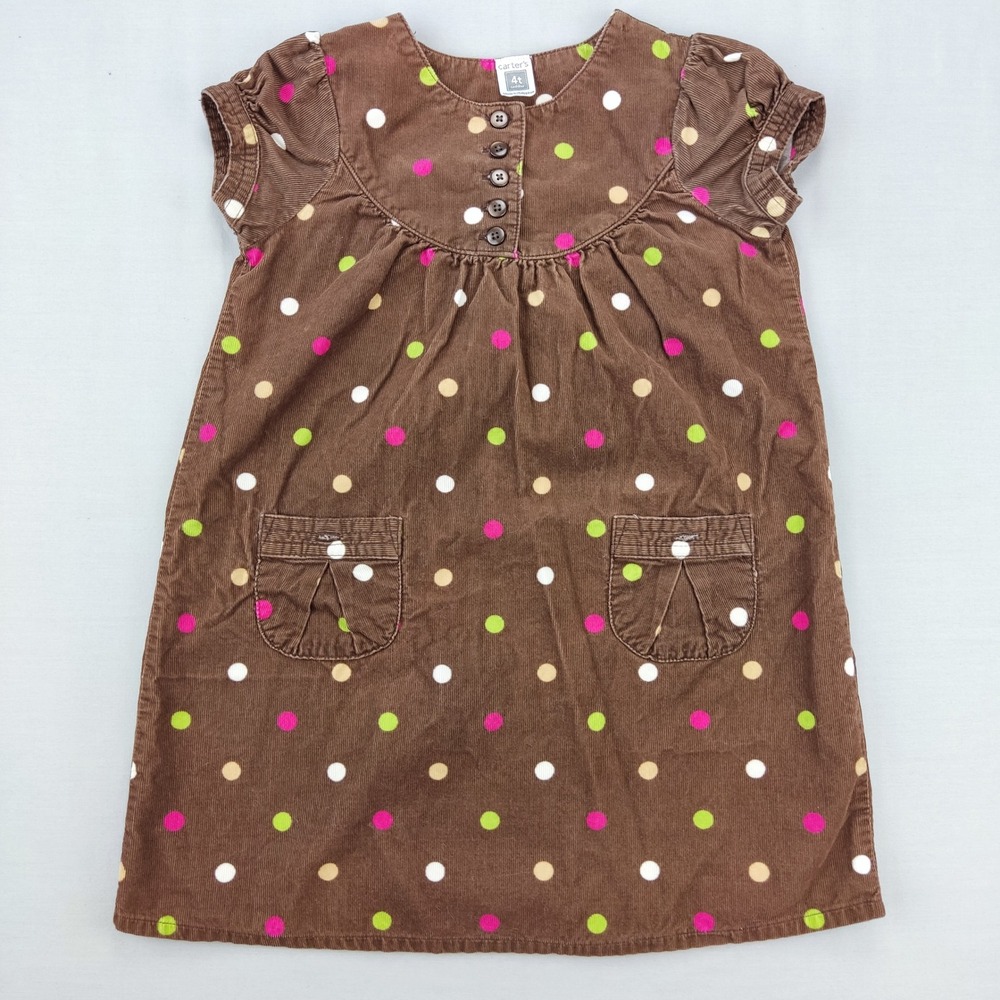 Carter's Dress Girls 4T Brown Polka Dot Corduroy Jumper Short Sleeve Pockets‎